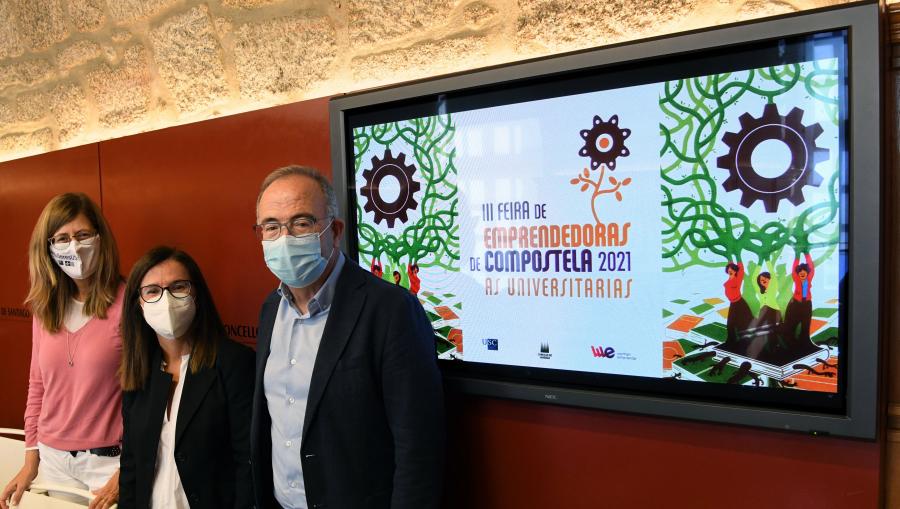 De esquerda a dereita, Eva López Barrio, responsable de Woman Emprende, xunto a Mar Lorenzo e Xosé Sánchez Bugallo. FOTO: Santi Alvite III edición da Feira de Emprendedoras de Compostela