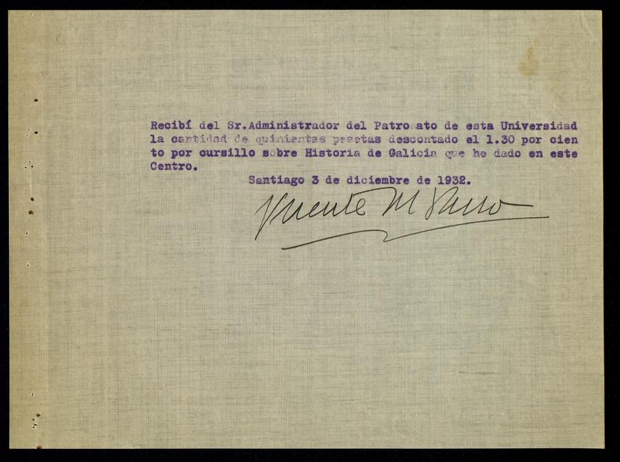 Recibo asinado por Vicente Risco Recibo asinado por Vicente Risco