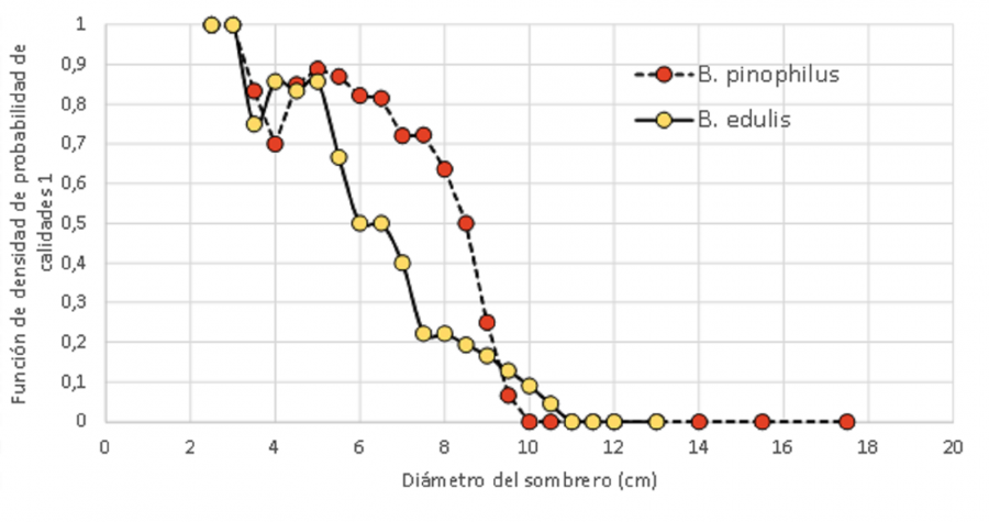 Gráfica de densidade de probabilidade de calidaden relación coa dimensión do sombreiro dos cogomelos Gráfica de densidade de probabilidade de calidaden relación coa dimensión do sombreiro dos cogomelos