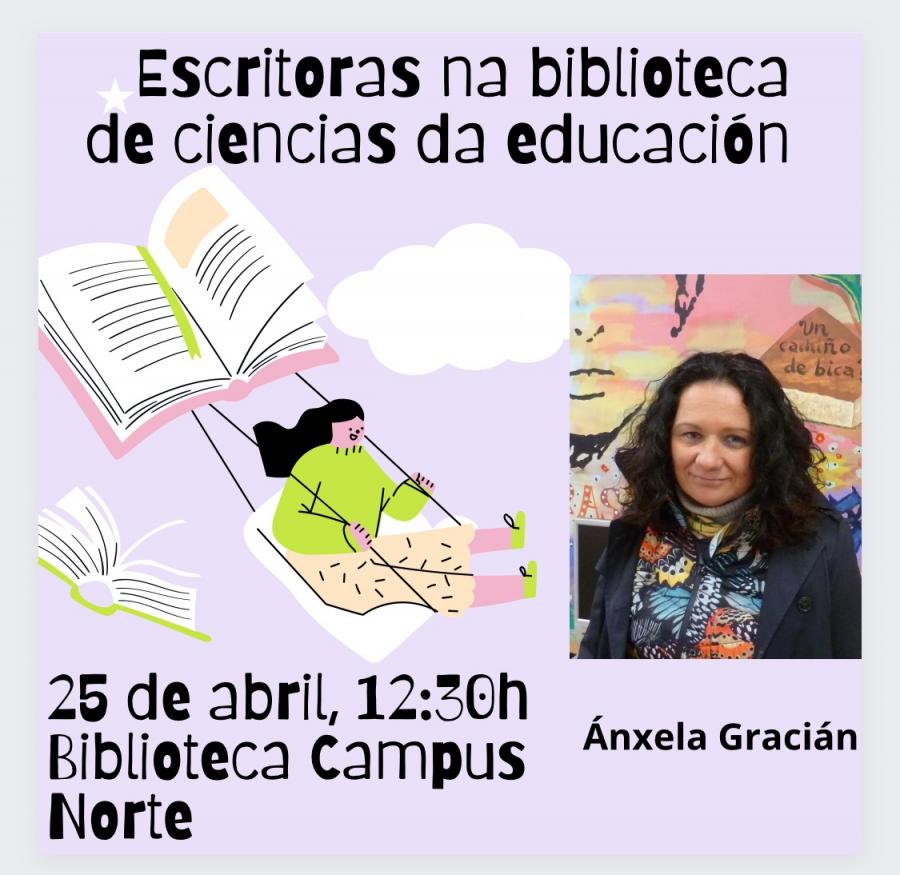 Cartaz de Escritoras na Biblioteca, que contará o día 25 de abril coa presenza da tradutora Ánxela Gracián Cartaz de Escritoras na Biblioteca, que contará o día 25 de abril coa presenza da tradutora Ánxela Gracián