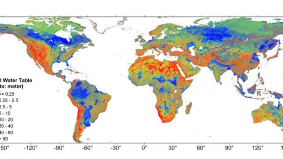 Imaxe global a 30" de resolución ( ~ 1km) da profundidade da capa freática (en metros dende a superficie do terreo). As zonas coas aguas subterráneas moi preto da superficie (azul escuro)...