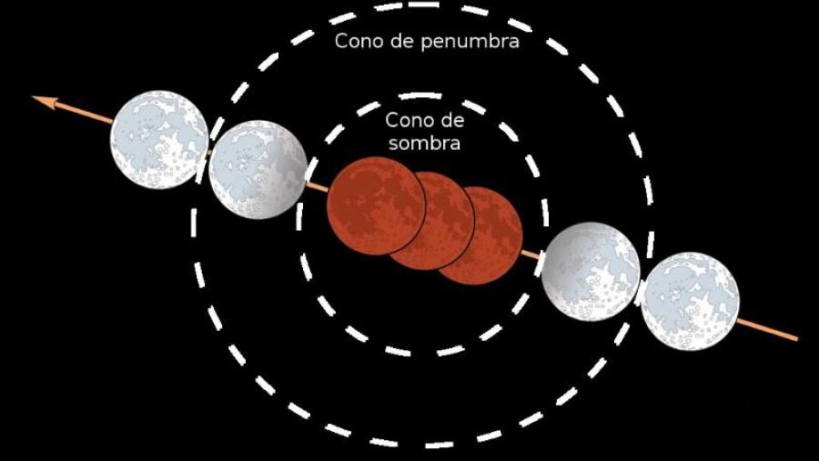 Simulación da eclipse do día 27 tal e como se verá, coas seccións dos conos cortados por un plano perpendicular aos seus eixos