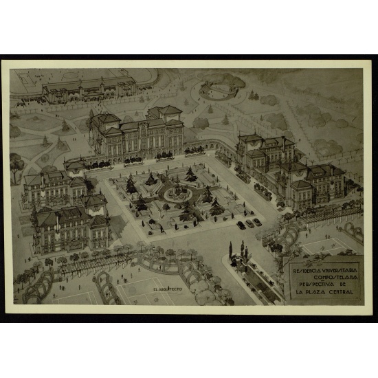 Fondo Universitario. Perspectiva de la plaza central de los Colegios Mayores. Diseño de Jenaro de la Fuente