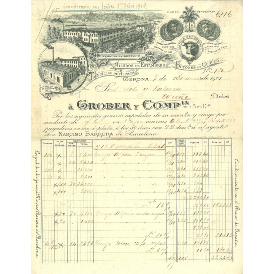 Factura de Grober & Cia a la empresa Valcarce (1901)