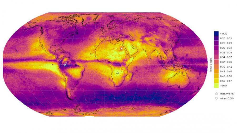 Distribución espacial da dimensión fractal das rachas secas, relacionada co expoñente baseado en Conxuntos de Cantor. Figura extraída do artigo