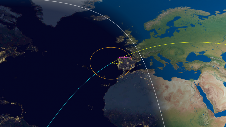 Mapa indicativo do tránsito dos restos do foguete desde o suroeste cara o nordés