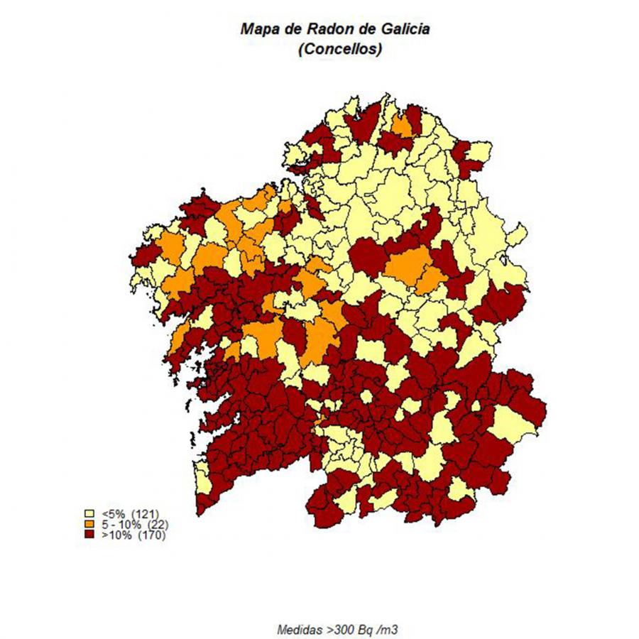 Mapa de concentración de radon en concellos de Galicia. Foto: Laboratorio de Radon de Galicia