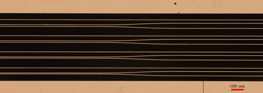 Detalle dun dos chips fotónicos integrados (para detección proxectiva de qubits) desenvoltos na tese nunha etapa intermedia da súa fabricación