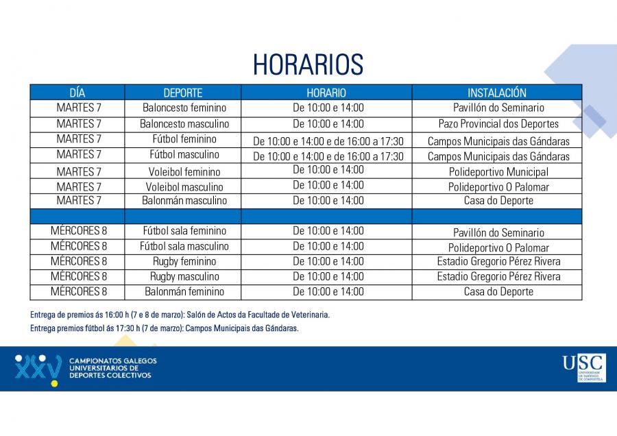 Horarios das competicións das diversas disciplinas deportivas