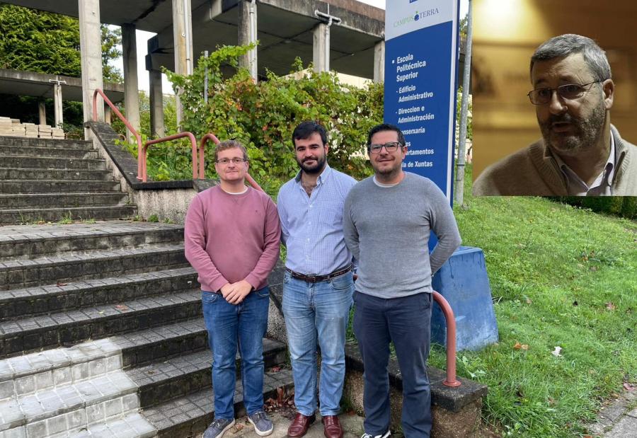 De esquerda a dereita, César Pérez, Andrés Osoro e Iban Vázquez, na EPS de Enxeñaría, e Carlos Nores (imaxe superposta)