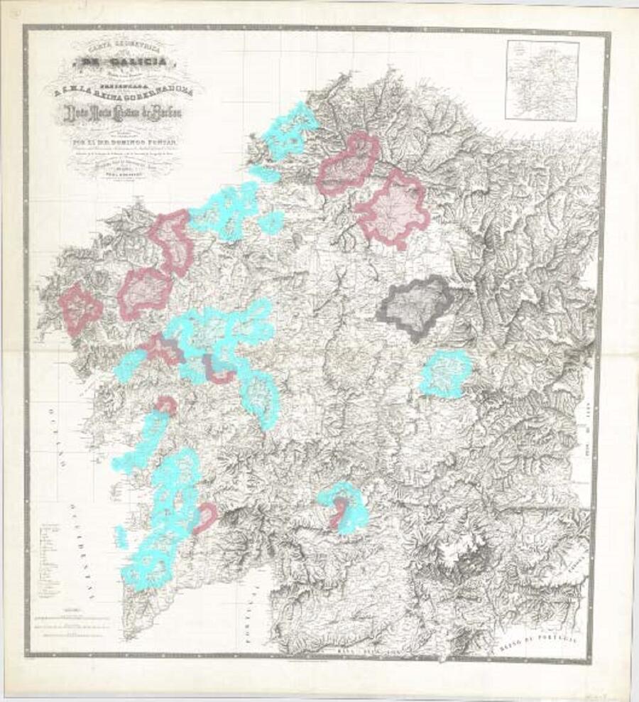 Figura 1: Sobre a 'Carta geométrica de Galicia' de Domingo Fontán, identificados grazas a EMAPIC os 33 concellos das e dos participantes na proba atendendo ao ano de nacemento: 117 (2012) e 33 (2013)