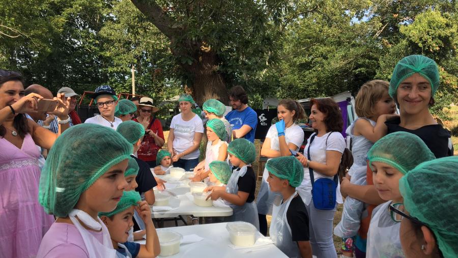 El Aplta del Campus Terra de la USC guía un taller infantil sobre elaboración de quesos en el festival Son Labreg@ de Sarria