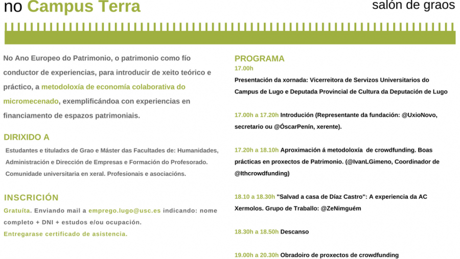 El Campus Terra de la USC celebra el martes 27 de febrero en la Facultad de Humanidades un taller de Crowdfunding