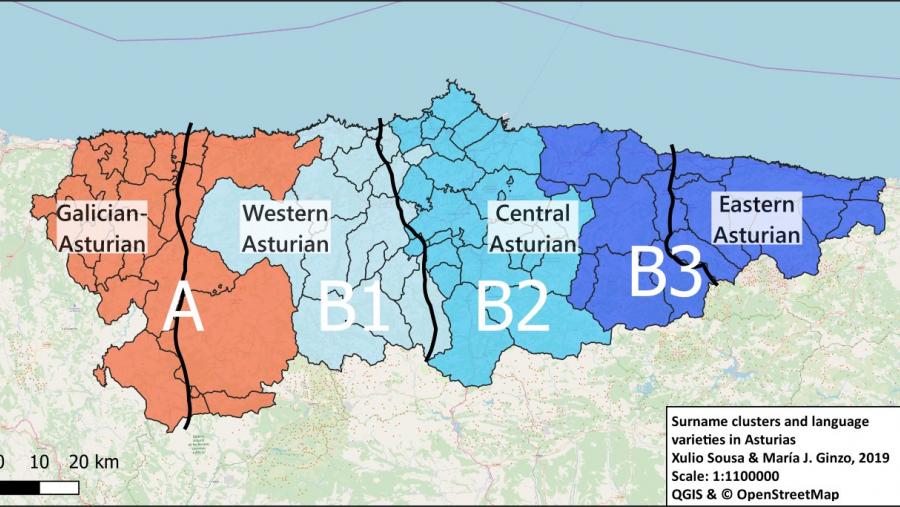 Os resultados obtidos na investigación amosaron moitas similitudes na distribución das rexións de apelidos con áreas dialectais recoñecidas polos estudos de dialectoloxía tradicional