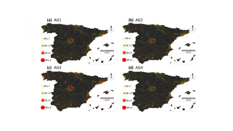 Mapas que amosan, nun escenario sen restricións, o patrón que seguen as taxas de crecemento espacial. Os valores máis altos pertencen aos grupos de poboación nova (AG1) e activa (AG2 + AG3)