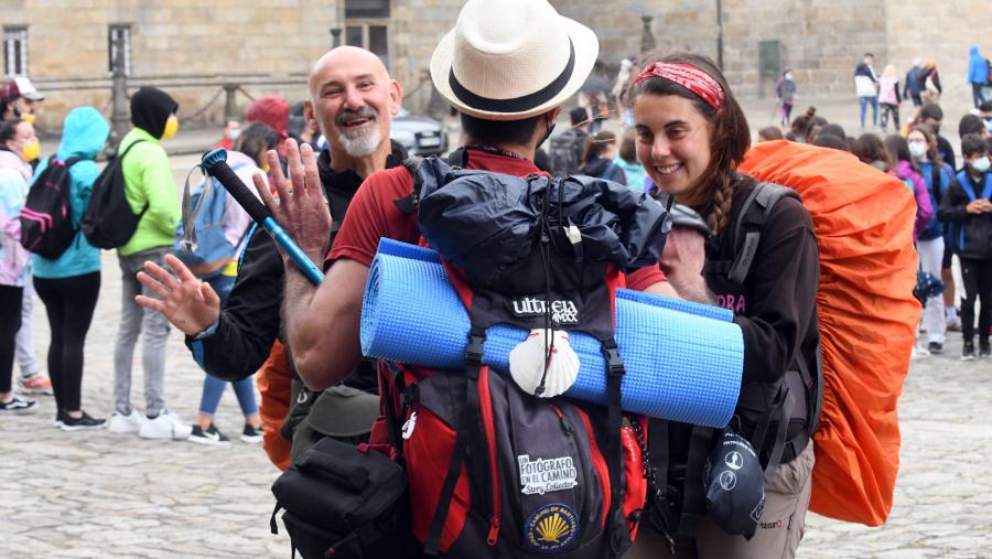 Imaxe de arquivo de peregrinos na Praza do Obradoiro. FOTO: Santi Alvite