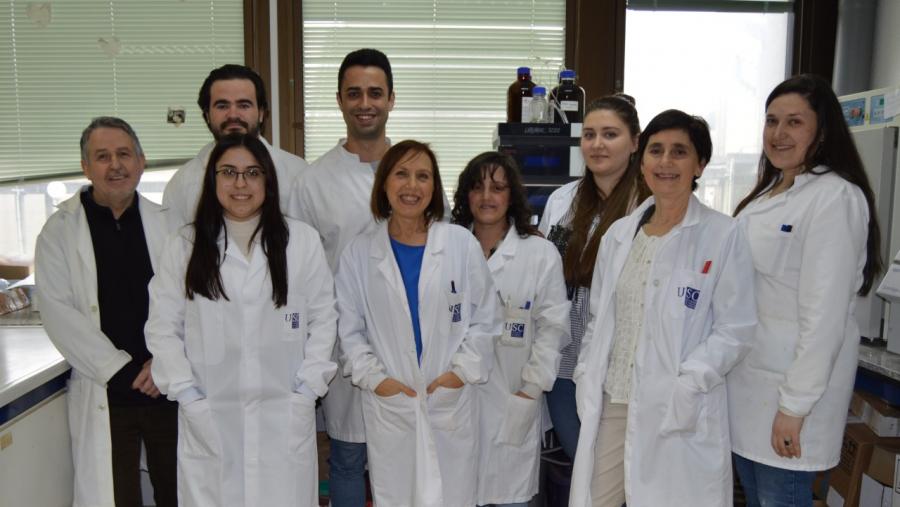 Esperanza Álvarez, no centro, con investigadores do grupo Uxafores, nun laboratorio da EPS de Enxeñaría da USC