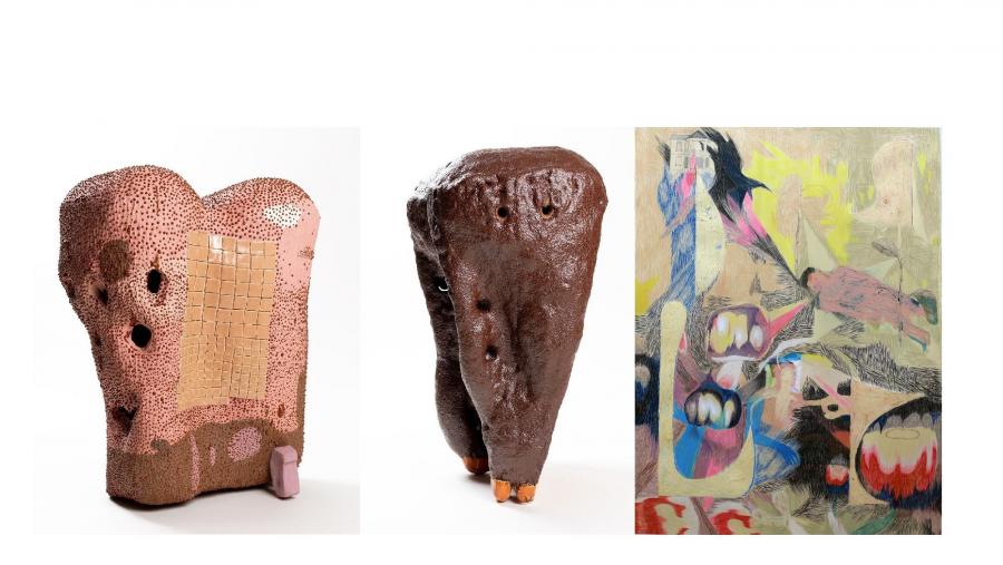 Pezas de cerámica, á esquerda, e debuxos de Salvador Cidrás e Vicente Blanco