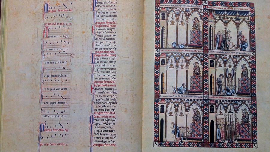 Dúas das páxinas dun dos códices medievais que recollen as 'Cantigas de Santa María'