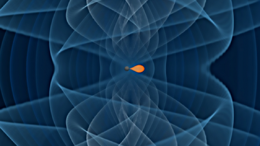 A imaxe amosa a fusión dun burato negro de baixa masa (en gris escuro) cunha estrela de neutróns. O sinal de ondas gravitacionais aparece representado cun rango de cores que van desde o azul escuro ao máis claro. ILUSTRACIÓN: I. Markin (Universidade de Potsdam), T. Dietrich (Universidade de Potsdam e Instituto Max Planck de Física Gravitacional), H. Pfeiffer, A. Buonanno (Instituto Max Planck de Física Gravitacional)