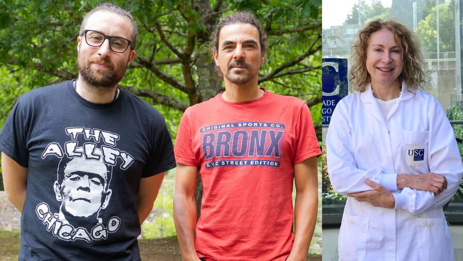 De esquerda a dereita, Yassid Ayyad e Pablo Cabanelas, promotores de Neutron Insights, e Mabel Loza, quen lidera o grupo BioFarma. FOTO: Santi Alvite