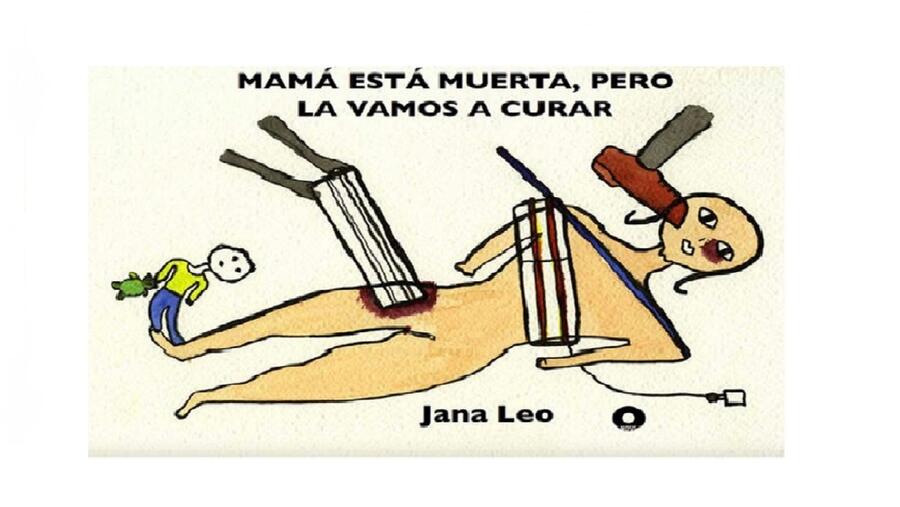 Ilustración de Jana Leo Uxoricidio 5I, cuberta do libro Mamá está muerta, pero la vamos a curar exposto na Biblioteca da Facultade de Formación de Profesorado de Lugo