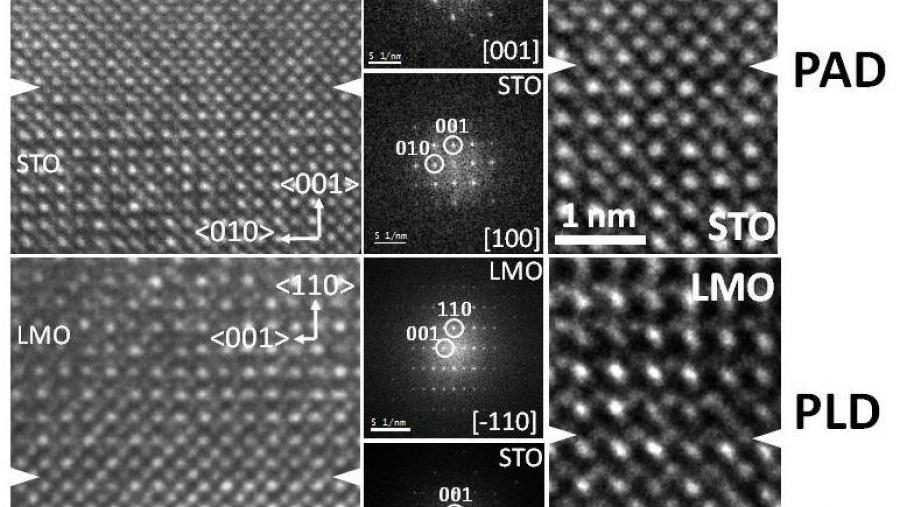 Comparación das calidades en capas de 15 nanómetros obtidas por PAD (deposición química) ou PLD (deposición por láser pulsado)