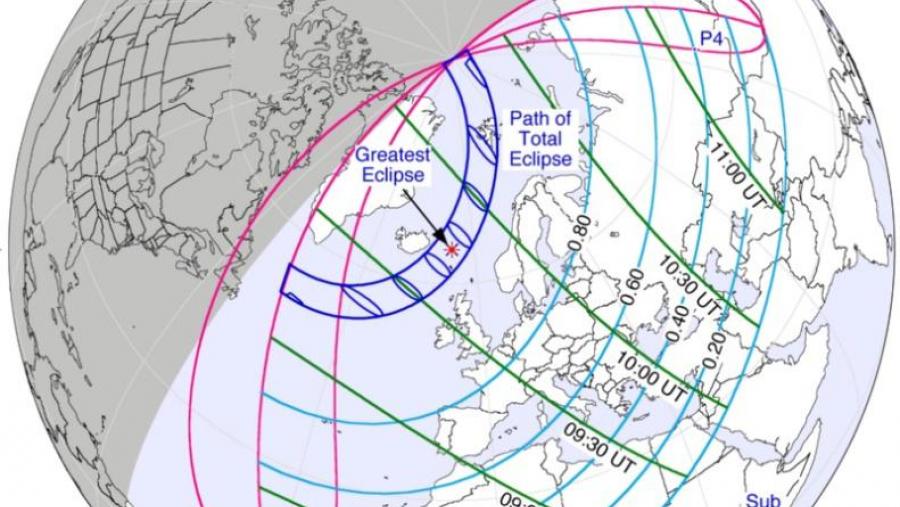 Mapa da eclipse (en azul mariño a zona de totalidade)