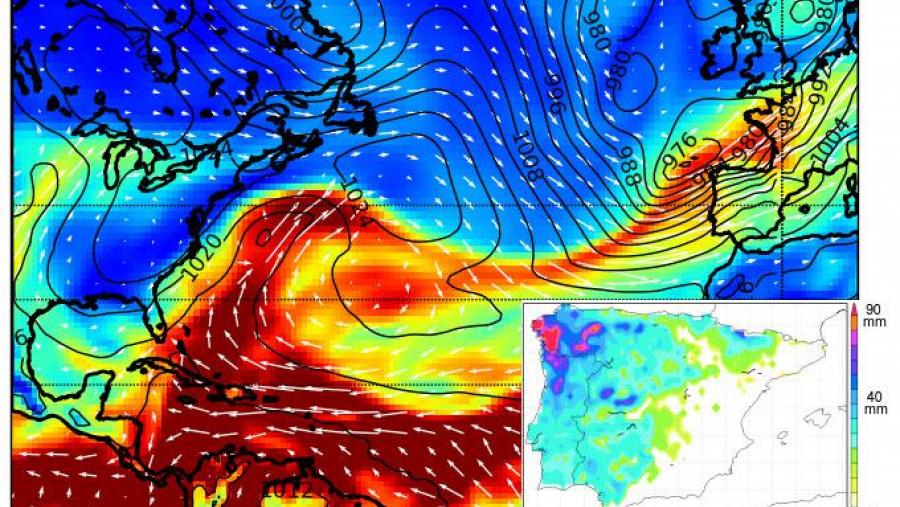 Mostra dun río atmosférico chegando ás costas de Galicia procedente do Golfo de México e representación das precipitacións extremas acumuladas en 24 horas na Península Ibérica.