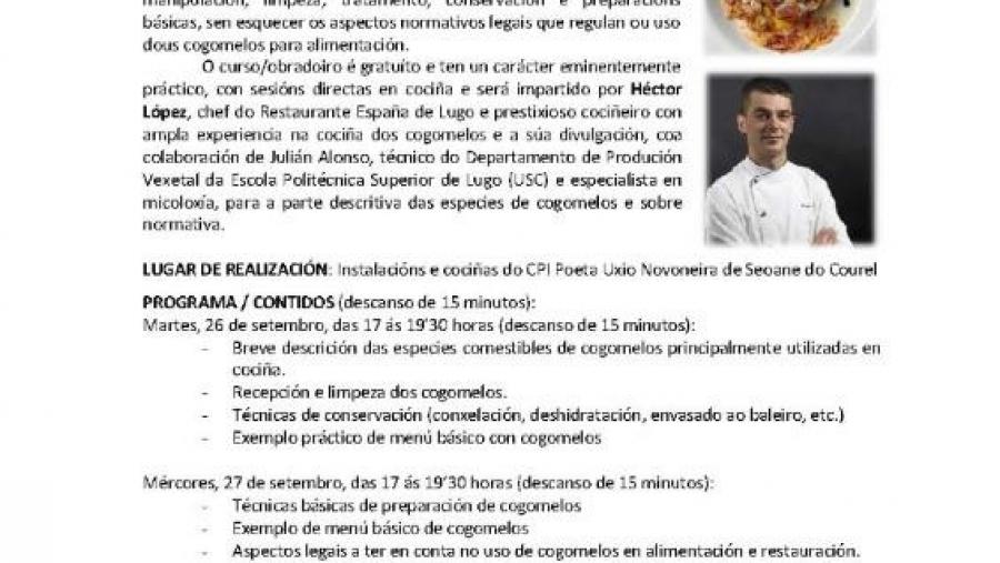 Cartaz do curso sobre cogomelos programo no CPI Poeta Uxío Novoneyra de Seoane do Courel
