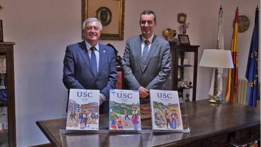 O encontro con Juan Viaño (esq.) serviu tamén de presentación de Emilio Barreiro como novo director territorial de CaixaBank. Foto: Servimav-USC