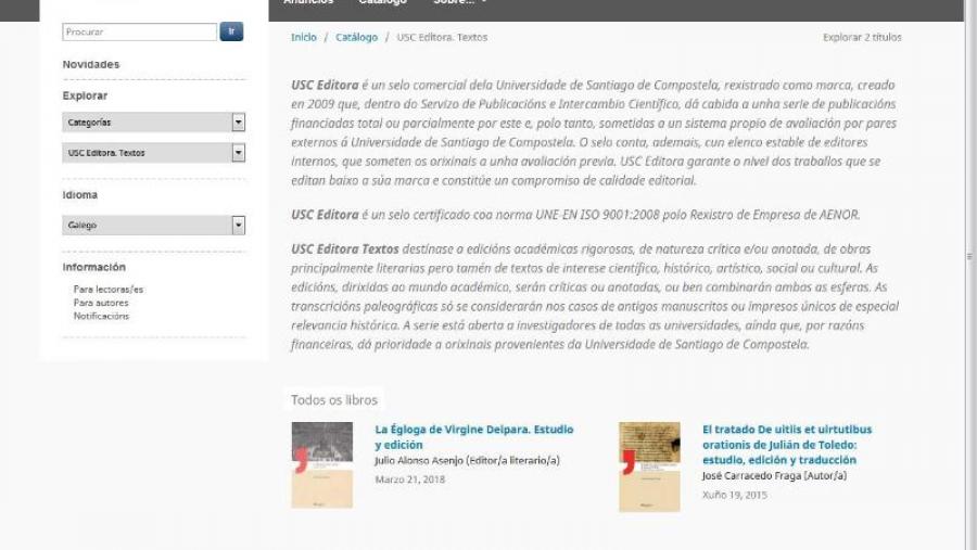 Captura de pantalla da web de USC Editora