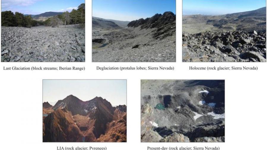 Exemplos de accidentes xeográficos relacionados co permafrost xerados durante diferentes fases en diferentes macizos da Península Ibérica. Foto: Pérez Alberti para