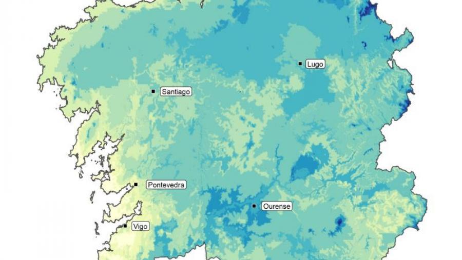 Variación espacial do índice de aptitude do clima (a maior valor, maior aptitude) para vivir en función das preferencias da poboación galega e das condicións climáticas do territorio.  Autor: Dominic...