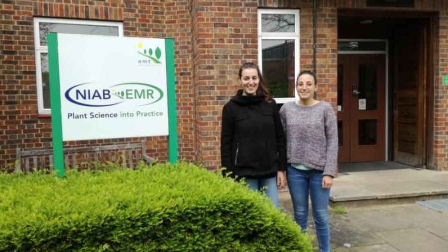 Rocío Losada e Marta  Rodríguez, nas instalacións do instituto de investigación hortícola e agrícola de East Malling, no condado británico de Kent
