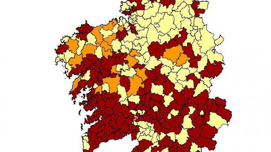 Mapa por municipios con porcentaxe de medidas de máis de 300Bq/m3. Foto: www.radon.gal