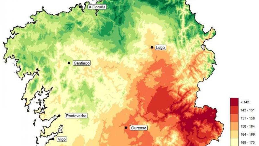 Mapa sobre a incidencia de precipitacións no territorio de Galicia