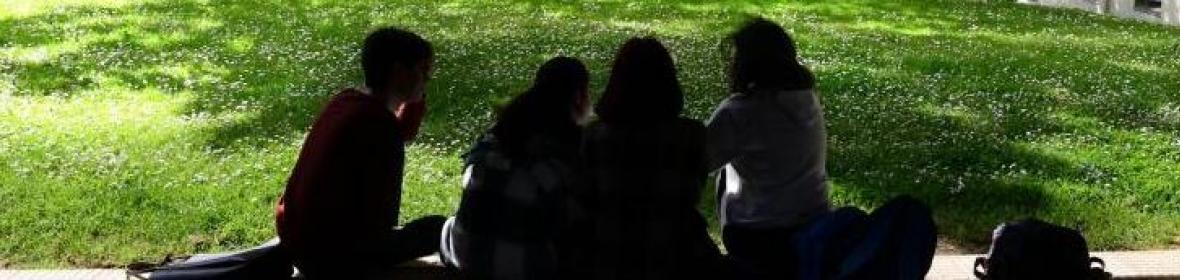 Chicas sentadas en el campus universitario